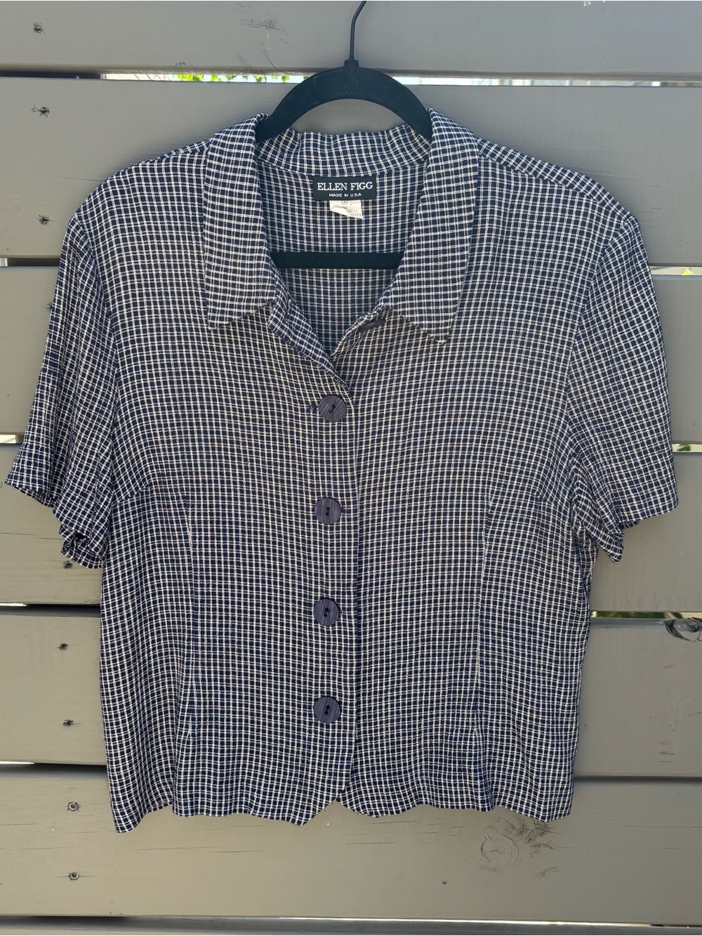 Vintage Ellen Figg Navy Check Button Front Blouse Top L Made USA